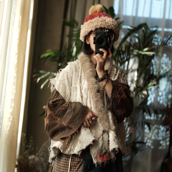 燕燕~復古毛邊做舊棉麻氛圍感小眾皮草毛領背心 ab226201 