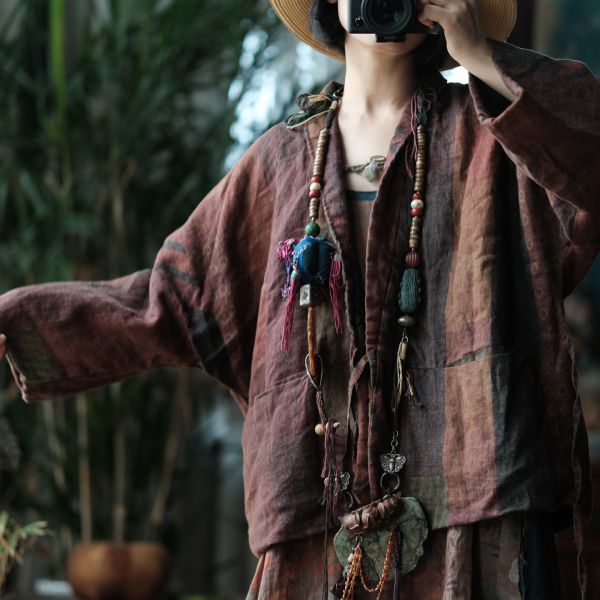 燕燕~棉麻商品~純亞麻 仿香雲紗印花繫帶復古棉衣棉外套   ab192801 