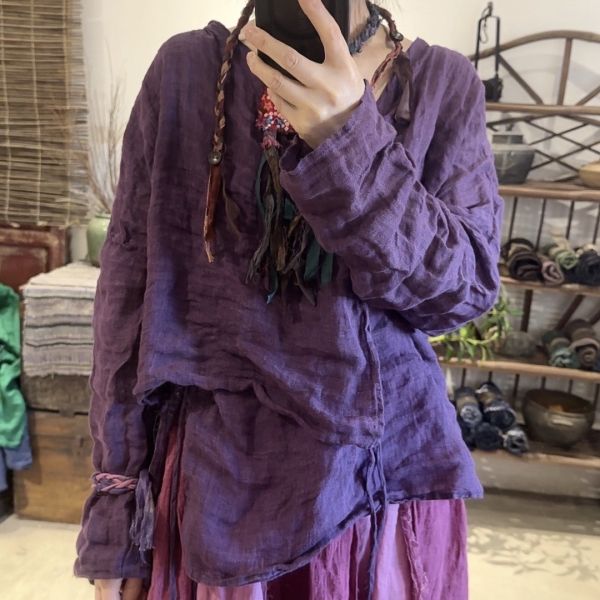 燕燕~亞麻~文藝復古斜襟繫帶小衫 上衣 襯衫 外套 