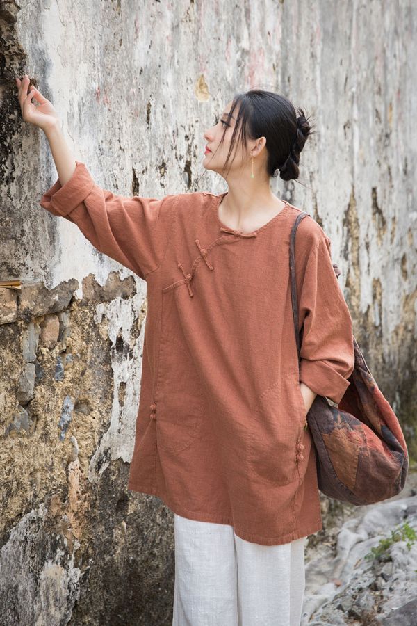 燕燕~夏季新款 莧麻炒色上衣改良大尺碼茶服個性文藝範女長T恤 