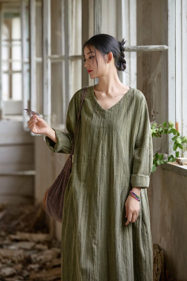 燕燕~秋冬新款 苧麻棉紮染洋裝連身裙 