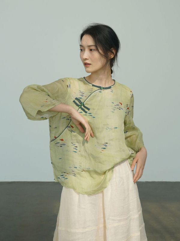 燕燕~中國風禪意數位印花珠扣上衣 文藝復古清涼斜襟襯衫 ab2408801 