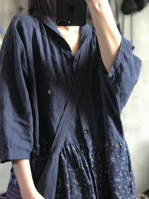 燕燕棉麻～亞麻材質 文藝復古春夏碎花拼接壓褶半袖開衫洋裝 連身裙 