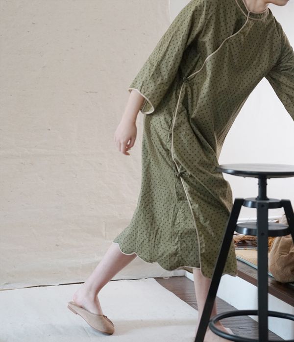 燕燕～薄棉 斜襟波點旗袍 復古禪意洋裝 連身裙  ab2107101 