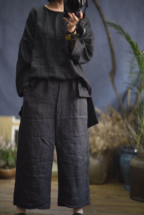 燕燕～亞麻復古春秋套頭開叉長袖麻衫 上衣 