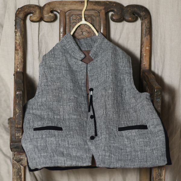 燕燕~秋冬款 棉麻女撞色小西服 文藝盤扣保暖背心 