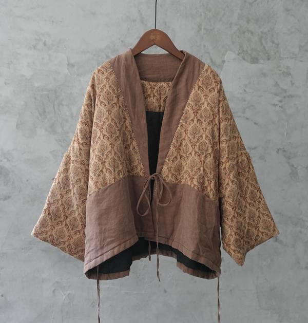 燕燕棉麻～復古中國風印花斜襟撞色夾棉外套 漢服寬鬆禪意棉衣 ab2133601 