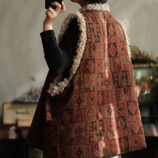 燕燕~復古羊捲毛翻領繫帶夾棉背心 ab227201 