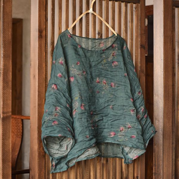 燕燕~苧麻~輕薄印花寬鬆短版女外套 時尚百搭襯衫休閒麻衫 上衣 