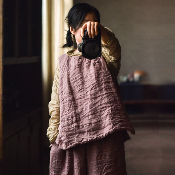 燕燕~秋冬款 砂洗亞麻 復古盤扣夾棉背心 棉麻杉 