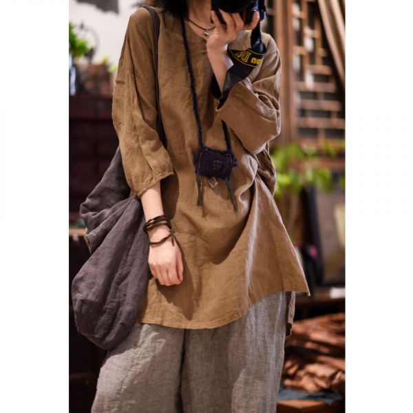 燕燕~亞麻 文藝復古手縫盤扣V領套頭七分袖 中長款麻衫 