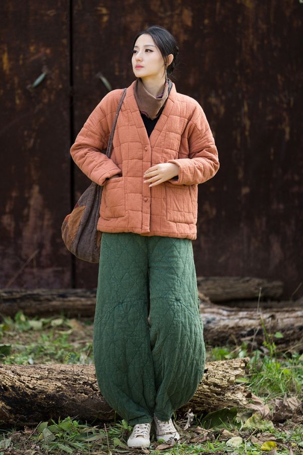 燕燕~冬季新款    雙層夾棉肌理感方格絎縫棉襖棉服柔軟保暖文藝盤扣棉衣外套 