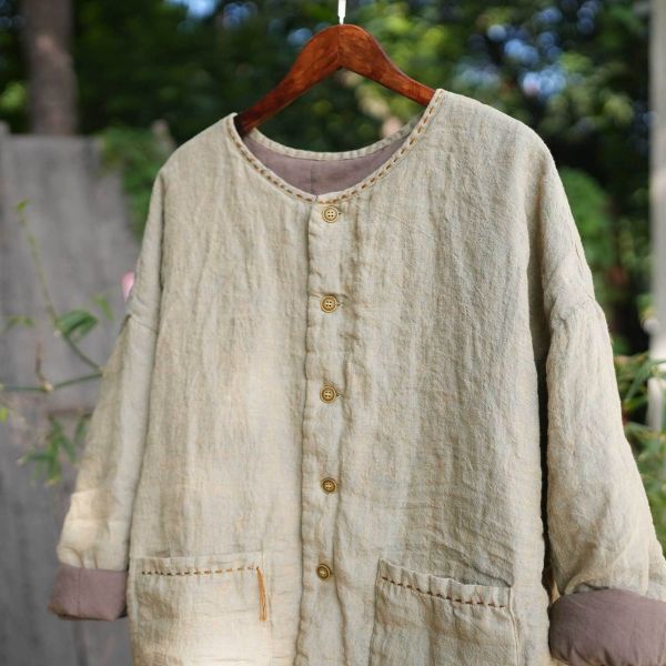 燕燕~色織亞麻 手工縫線小流蘇 大口袋文藝棉衣 棉服棉襖外套 