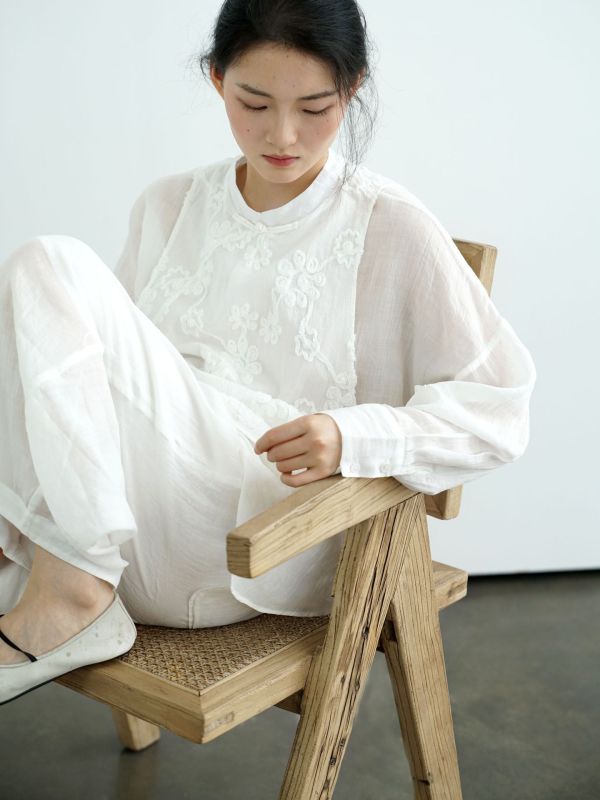燕燕~雙層莧麻~高品質繡花雙層立領襯衫 輕中式文藝茶服上衣  ab2422001 