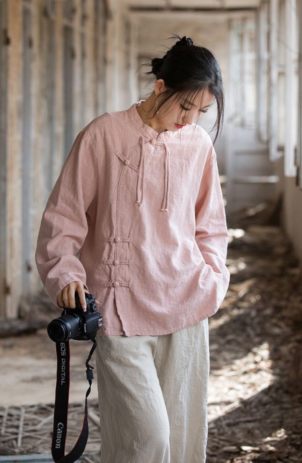 燕燕~莧麻棉 手工盤扣砂洗改良上衣 文藝範女式長袖T恤 