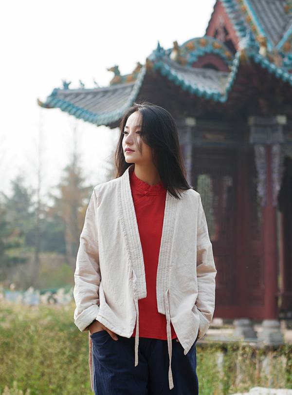 燕燕~秋冬款 棉麻材質 復古外套夾棉改良款 短款棉服棉衣外套>短大衣 