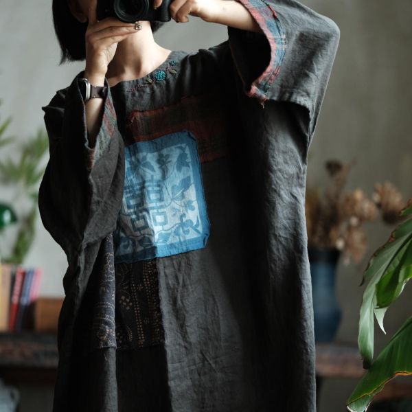 燕燕~復古純亞麻炒色做舊氛圍感小眾拼色手工拼接長袍 洋裝 連身裙 ab225701 (此件商品不退換） 