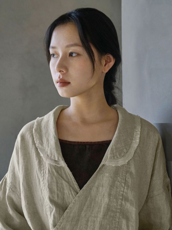 燕燕~亞麻 設計文藝復古開襟衫 田園生活寬鬆繫帶減齡外套   ab2408501 