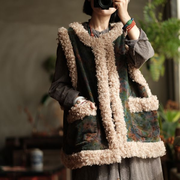 燕燕~復古燈芯絨羊捲毛大口袋夾棉加厚背心 ab222301 