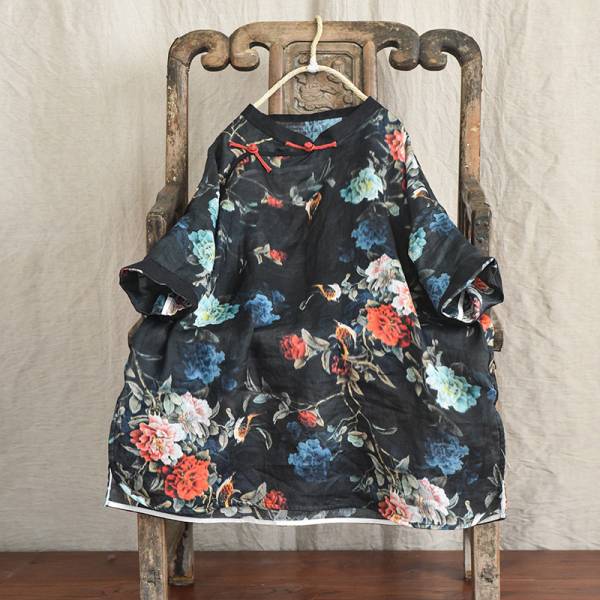 燕燕~棉麻商品 苧麻材質 印花中長款茶服襯衫 復古傳統手工縫盤扣上衣  