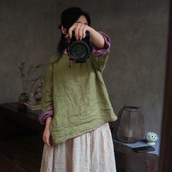 燕燕~四季款 雙色苧麻 雙面穿 盤扣長袖女襯衫 文藝復古圓領上衣 