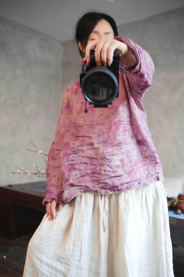 燕燕~夏季中式亞麻 復古寬鬆中式上衣女款圓領上衣 