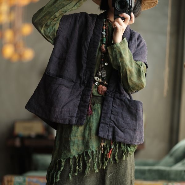 燕燕~棉麻商品~純亞麻  衍線寬鬆百搭落肩夾棉坎肩背心棉麻杉  an192901 