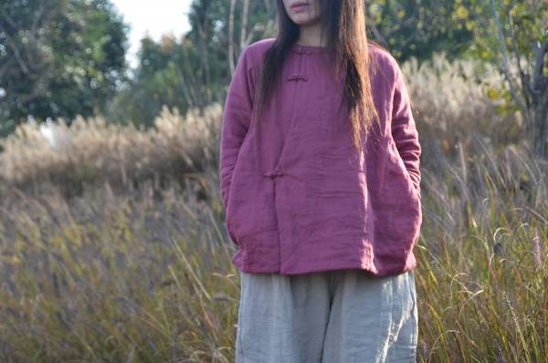 燕燕~棉麻商品~冬裝款苧麻斜襟寬鬆休閒盤扣棉衣棉襖外套 