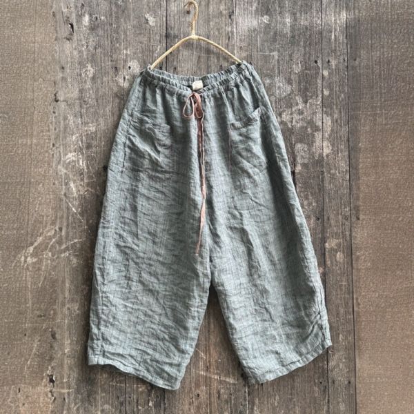 燕燕～亞麻～條紋色織鬆緊腰寬腿休閒女褲 寬鬆顯瘦百搭直筒褲 