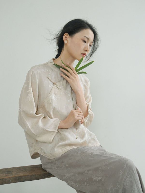 燕燕~人絲提花   珠扣襯衫 禪意中國浪漫斜衫茶服上衣。ab2409901 