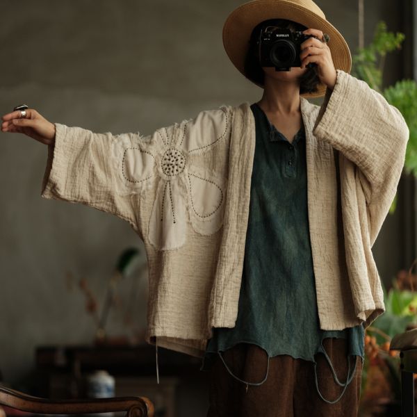 燕燕~復古雙層洗皺棉麻文藝手工繡花貼花開襟外套 ab221601 