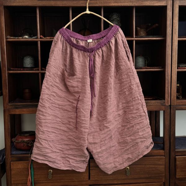 燕燕～亞麻～高品質砂洗寬鬆寬腿中褲 