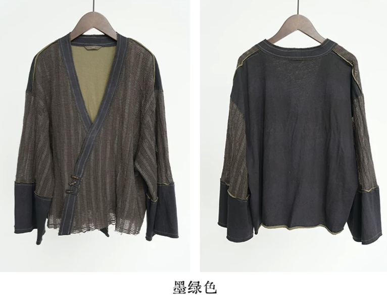 燕燕~夏季新款 撞色針織斜襟寬袖開衫 做舊高品質防曬襯衫 ab2636801 