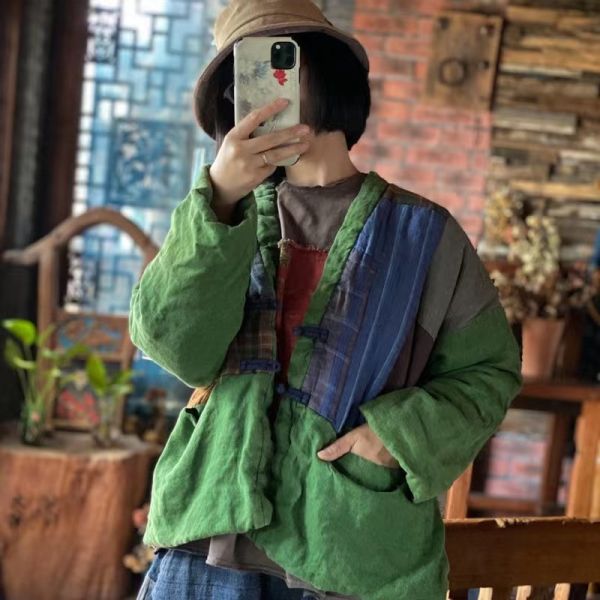 燕燕~秋冬新款 亞麻 做舊雪花洗拼布寬鬆短棉衣上衣。外套。ab178801 