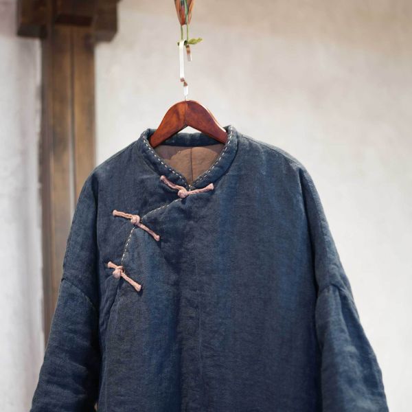 燕燕~冬季 色織亞麻加厚棉 手工縫線中長棉衣大口袋棉服棉襖外套 