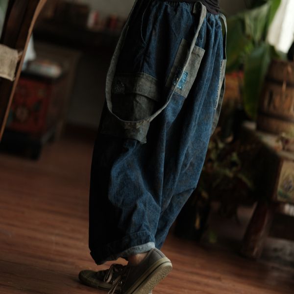 燕燕~復古文藝手工髒染吊檔休閒背帶褲  長褲   ab234701 