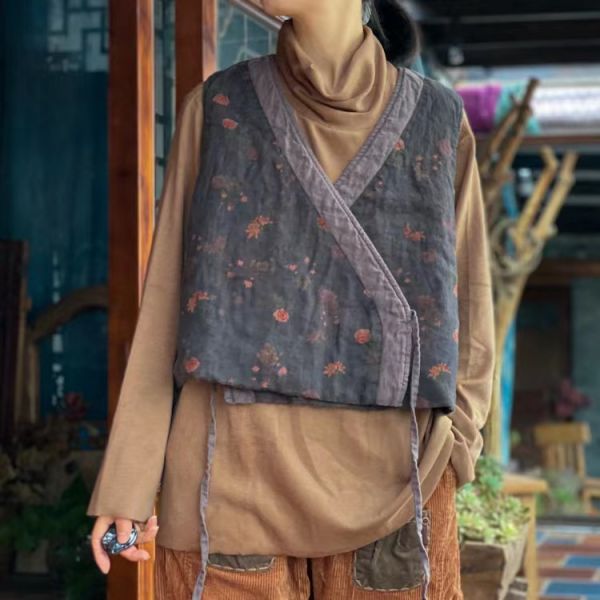 燕燕~棉麻商品~亞麻 文藝印花寬鬆棉背心 上衣 