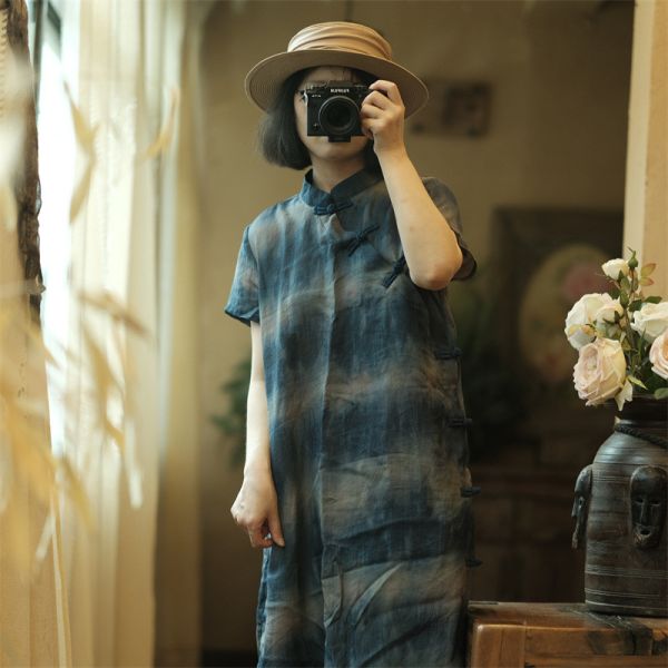 燕燕～夏季新款. 純苧麻. 數碼印花立領盤扣 洋裝 連身裙。ab133301 