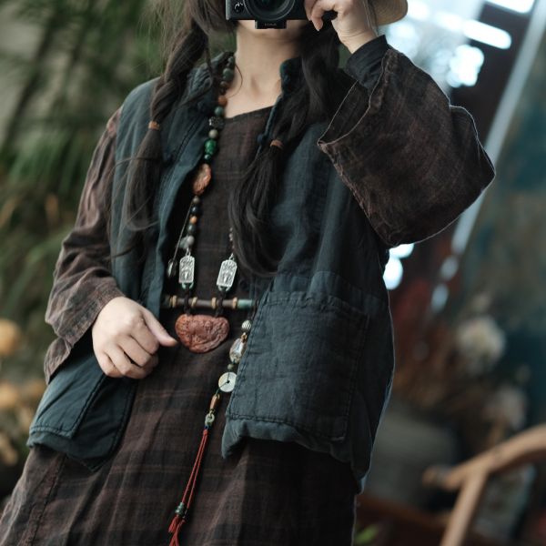 燕燕~棉麻商品~純亞麻  衍線寬鬆百搭落肩夾棉坎肩背心棉麻杉  an192901 