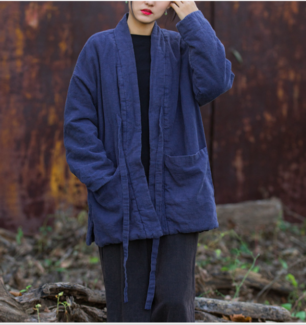 燕燕~秋冬新品  苧麻炒色夾棉加厚復古改良禪意風女式中長棉衣外套 