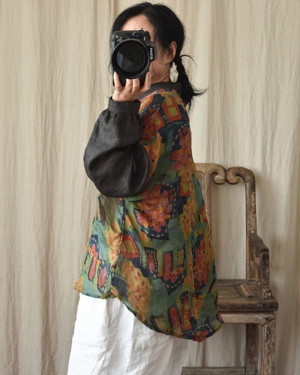 燕燕~春夏秋款  復古印花   寬鬆文藝長袖苧麻上衣 