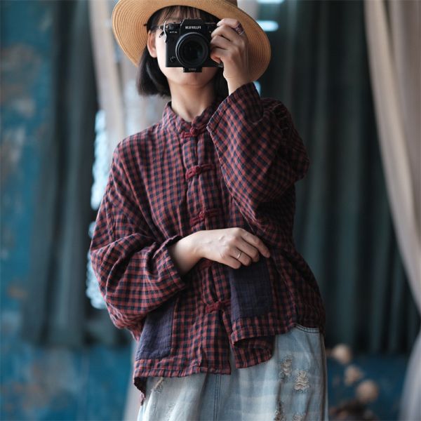 燕燕~棉麻商品~文藝復古民國風寬鬆小格小衫 襯衫 ab203301 