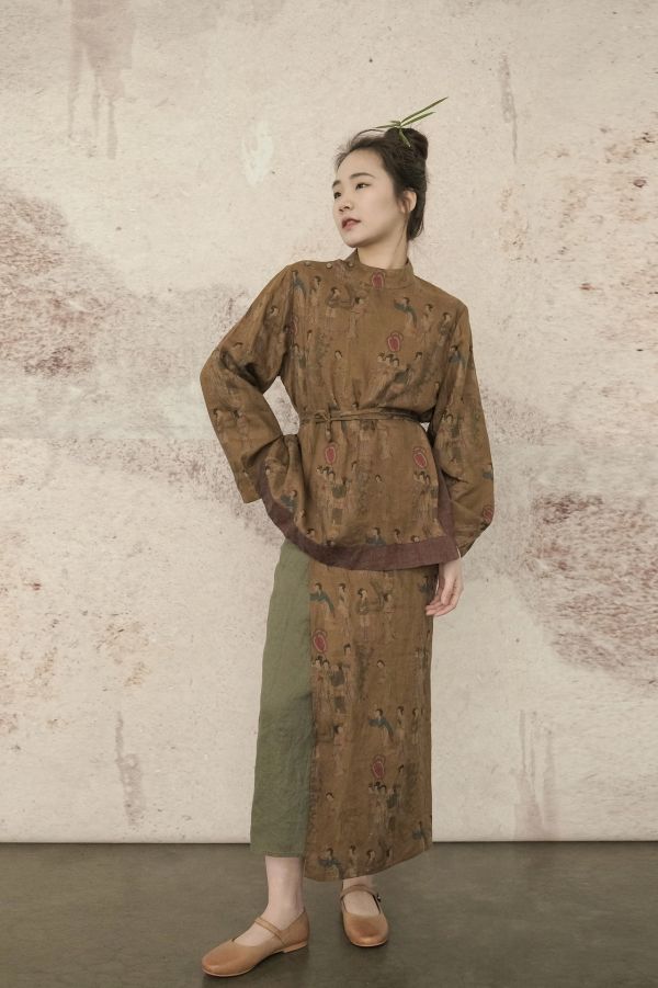 燕燕~棉麻商品~仕女印花雨露麻料撞色長裙  ab2305101 