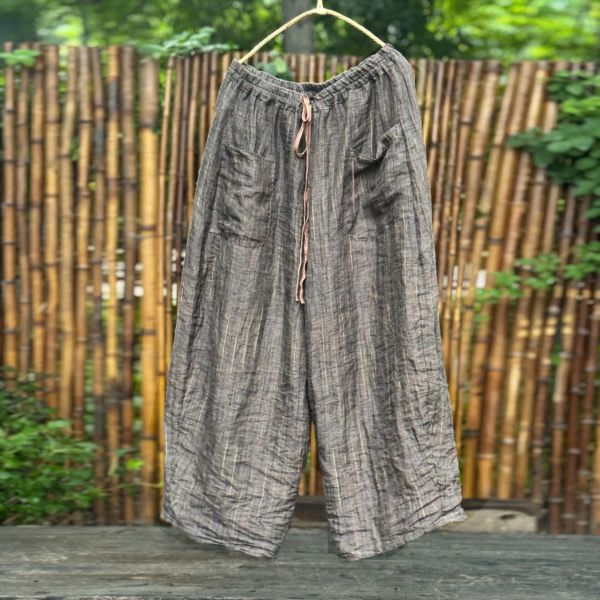 燕燕～亞麻～條紋色織鬆緊腰寬腿休閒女褲 寬鬆顯瘦百搭直筒褲 