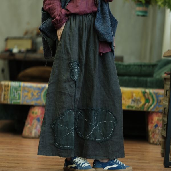 燕燕～春秋款 復古文藝高端水洗亞麻貼花長裙 