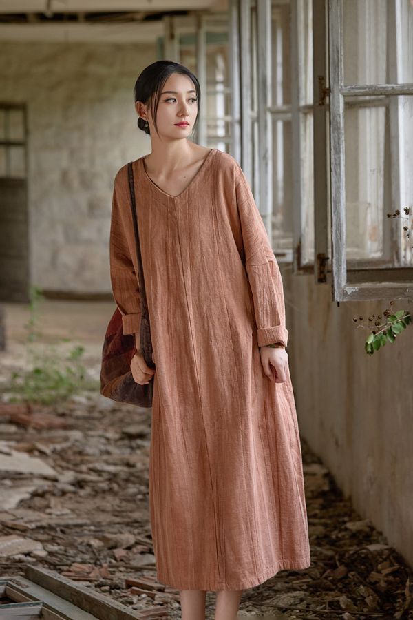 燕燕~秋冬新款 苧麻棉紮染洋裝連身裙 