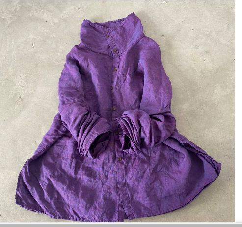 燕燕~秋冬新款 寬鬆加厚苧麻高領開襟衫 上衣 