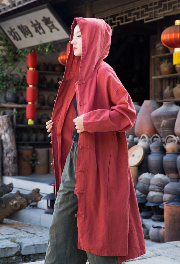 燕燕~棉麻商品~秋冬款 秋冬新款 苧麻棉   砂洗盤扣連帽禪意女式披風袍子外衣外套 