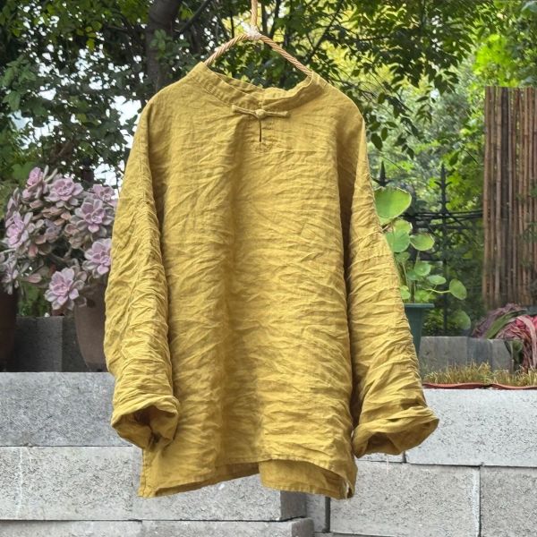 燕燕～高品質砂洗亞麻手工縫製盤扣上衣 手縫線立領襯衫 打底衫 