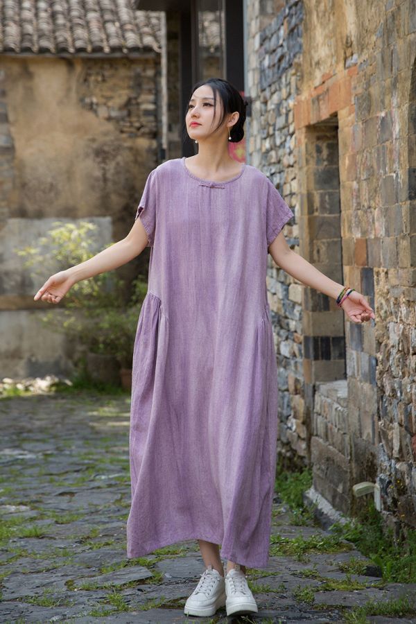 燕燕 夏款 亞麻紮染炒色文藝無袖長裙 洋裝 背心裙 